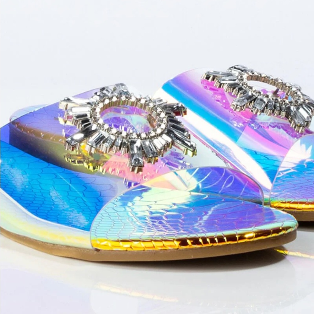 CAPE ROBBIN Frozen Sandal in Mermaid. Iridescent Holographic PVC w/ Crystal New
